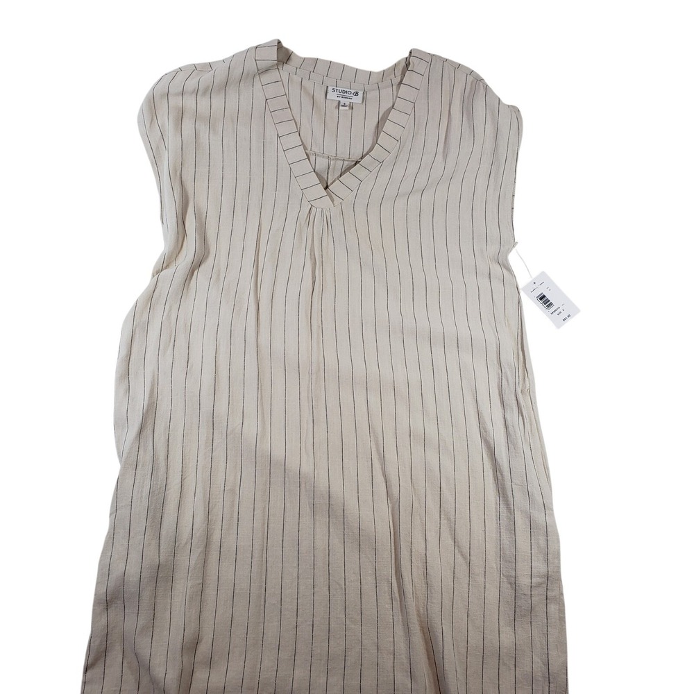 NWT Studio B by Bobeau Dolman Linen Dress Beige Pinstripe V-Neck Size‎ S